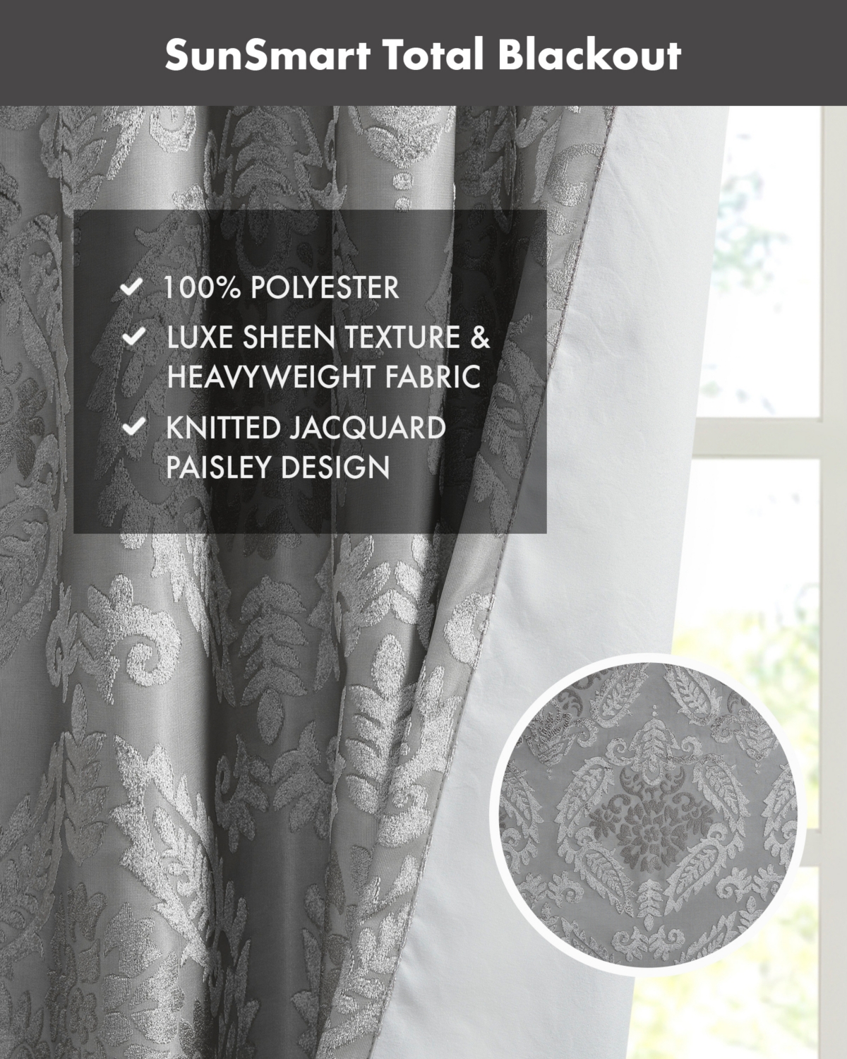 SunSmart Amelia Knitted Jacquard Paisley Total Blackout Grommet Top Curtain Panel, Single Curtain with Privacy Lining for Bedroom and Living Room