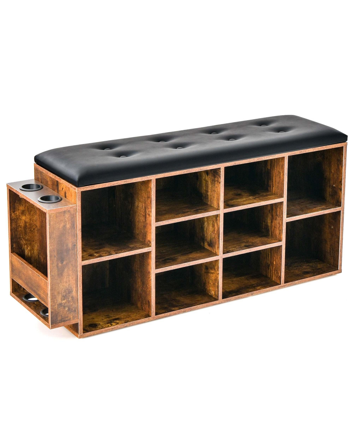 Wooden Shoe Bench 10-Cube Storage Organizer with Padded Cushion & Umbrella Holder