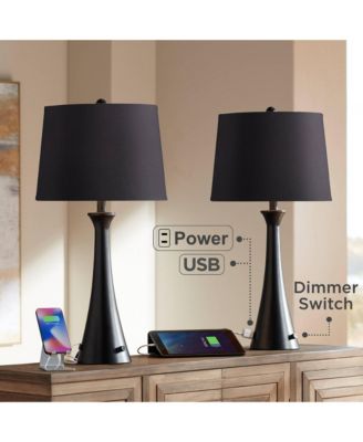 Karl Modern Table Lamps 28 1/4" Tall Set of 2 Black Metal with USB and AC Power Outlet in Base Faux Silk Shade for Bedroom House Home