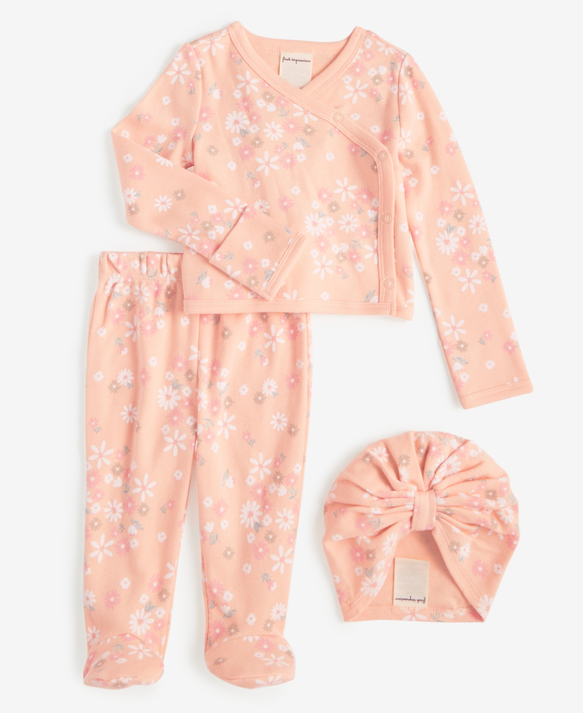 First Impressions Baby Girls Secret Garden Cotton Hat, Cardigan & Footed Pants, 3 Piece Set, Created For Macy's In Iced Peach