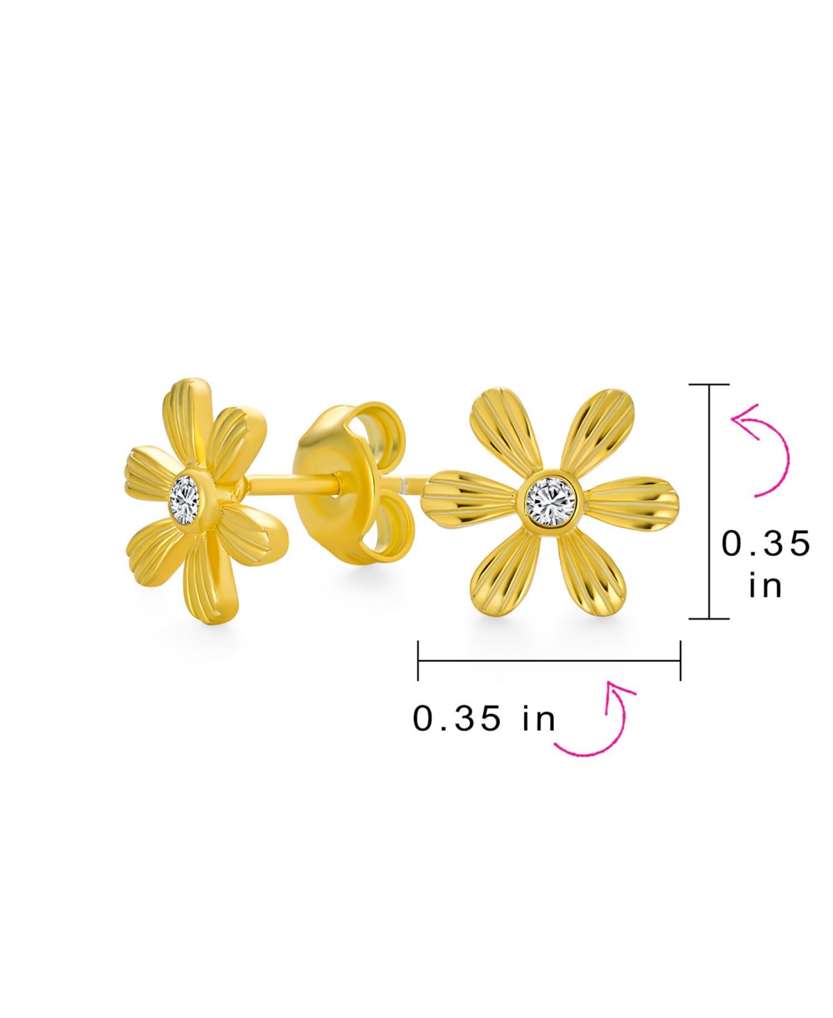 Simple Dainty Cz Accent My Sun Shine Sunflower Flower Daisy Stud Earrings 14K Yellow Gold Plated .925 Sterling Silver