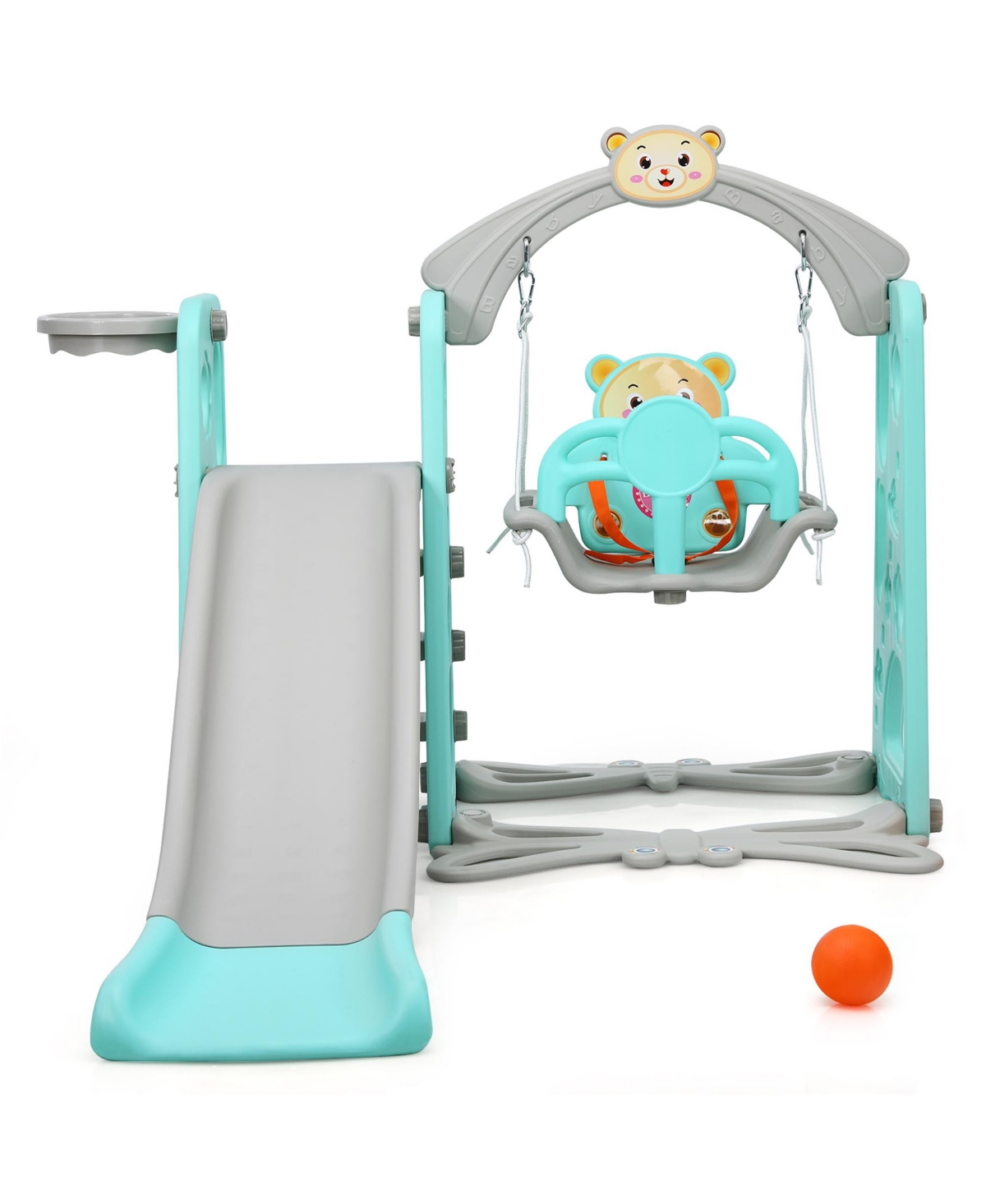 Costway 4-in-1 Toddler Climber and Swing Set w/ Basketball Hoop & Ball Pink