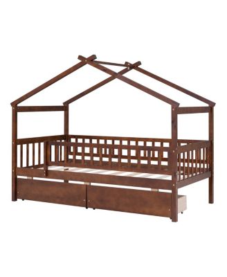Twin Size Wooden House Bed With Two Drawers, Walnut