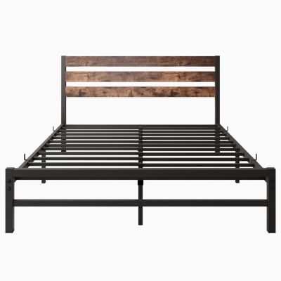 Queen Size Platform Bed Frame With Rustic Vintage Wood Headboard, Strong Metal Slats Support