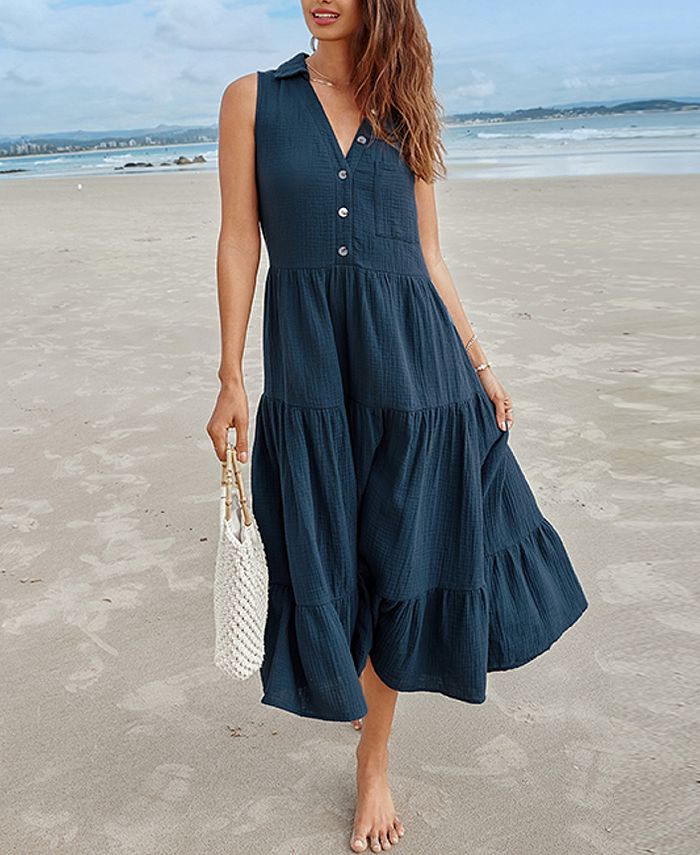 CUPSHE Women's Navy Sleeveless Half-Button Midi Beach Dress - Macy's
