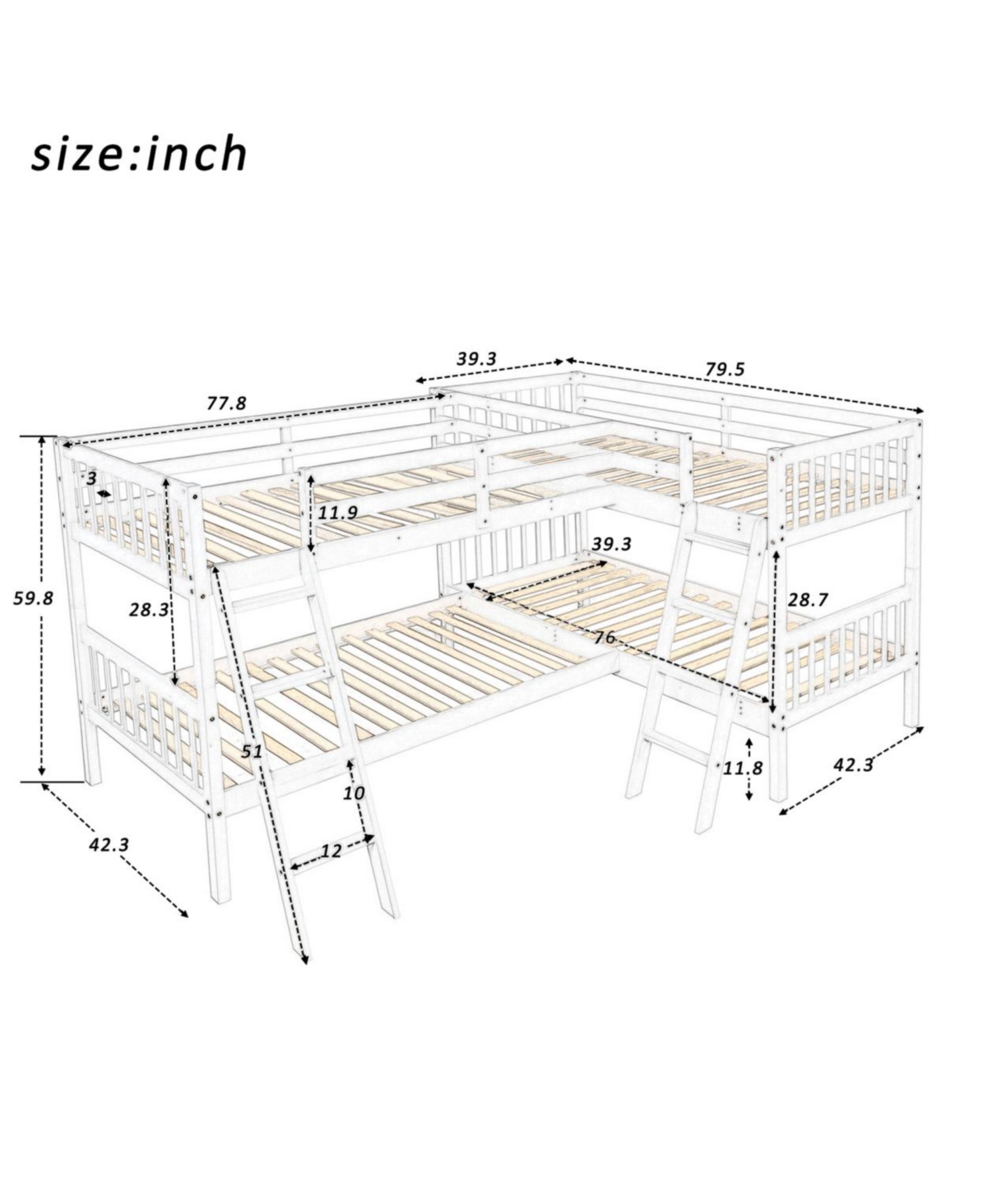 Streamdale Furniture L-Shaped Bunk Bed With Ladder, Twin
