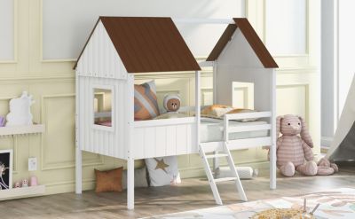 Twin Size Low Loft Wood House Bed With Two Side Windows