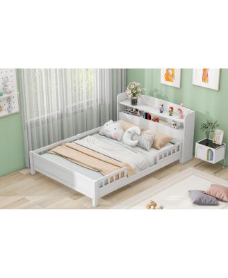 Wood Full Size Platform Bed With Built-In LED Light, Storage Headboard And Guardrail, White