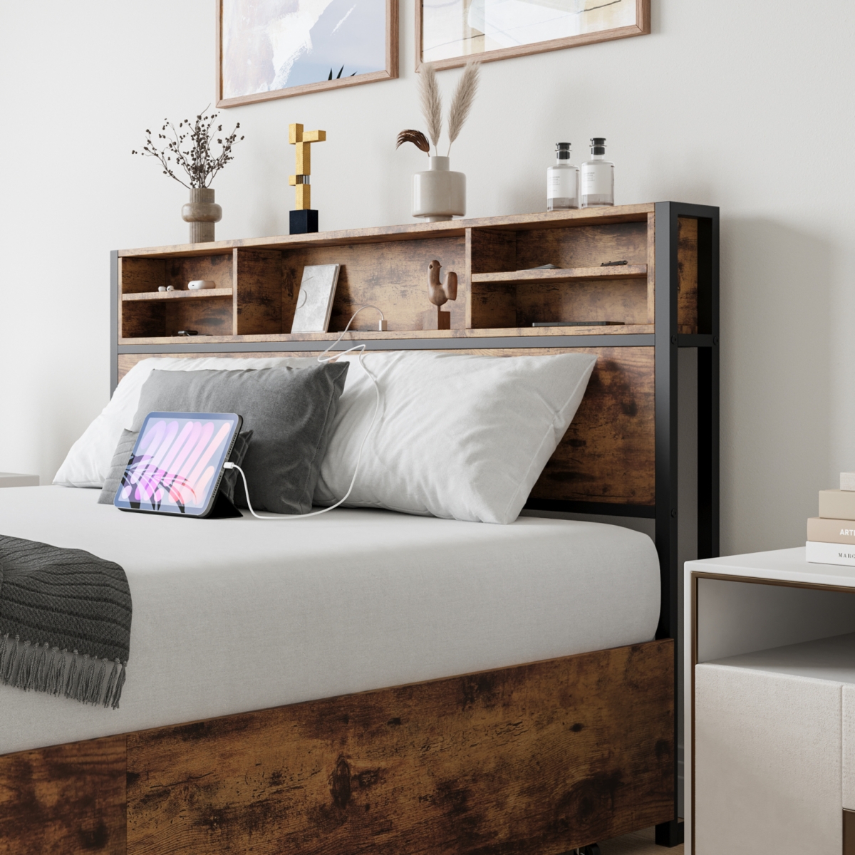 Simplie Fun Queen Bed Frame With Storage Headboard And 4 Drawers