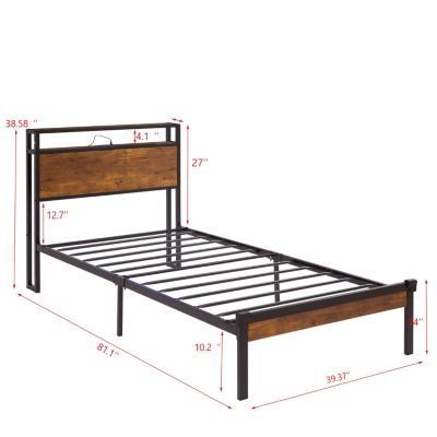  Metal Platform Bed Frame with Wooden Headboard and USB LINER