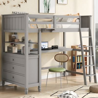 Twin Size Loft Bed With Drawers And Desk, Wooden Loft Bed With Shelves