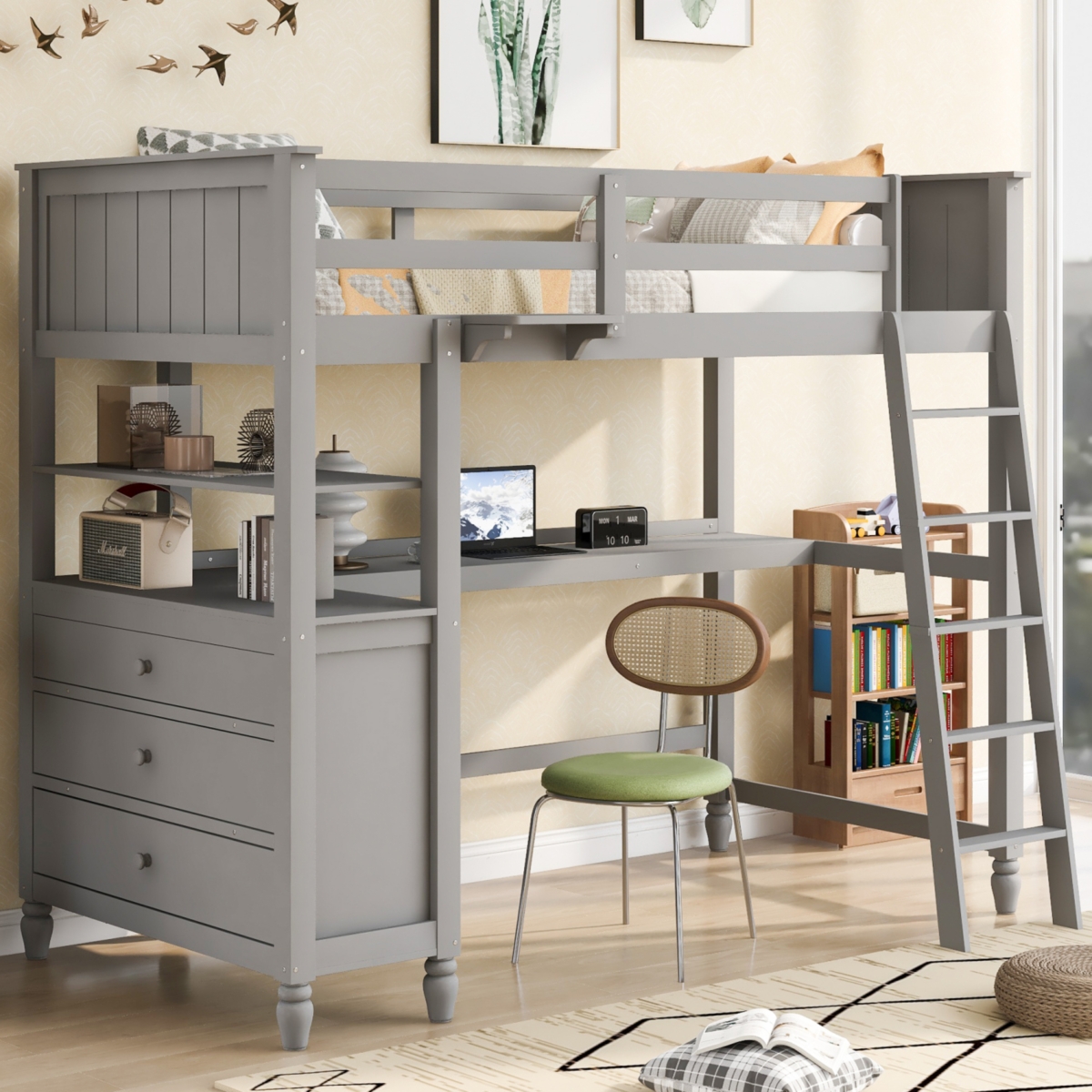 Simplie Fun Twin Size Loft Bed With Drawers And Desk, Wooden Loft Bed With Shelves