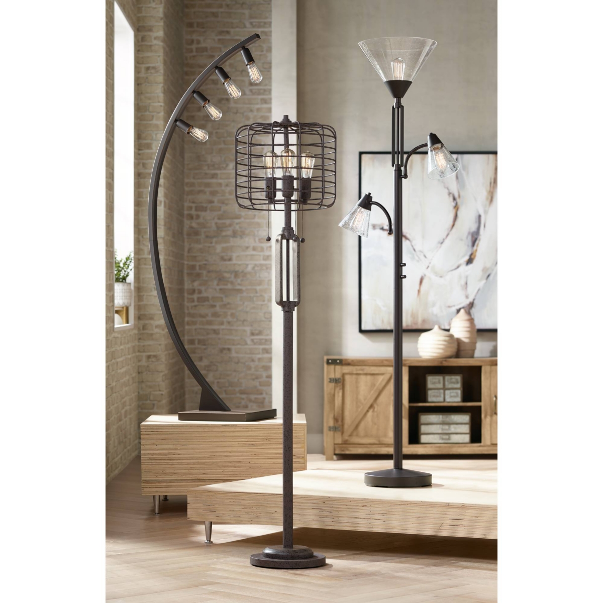 Franklin Iron Works Warwick Industrial Torchiere Tree Floor Lamp Led 3-Light Edison Tall Tiger Bronze Metal Clear Seedy Glass Shade for Living R