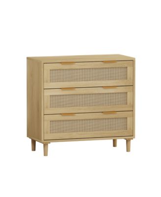 Modern 3-Drawer Oak Rattan Storage Cabinet (Set of 2)