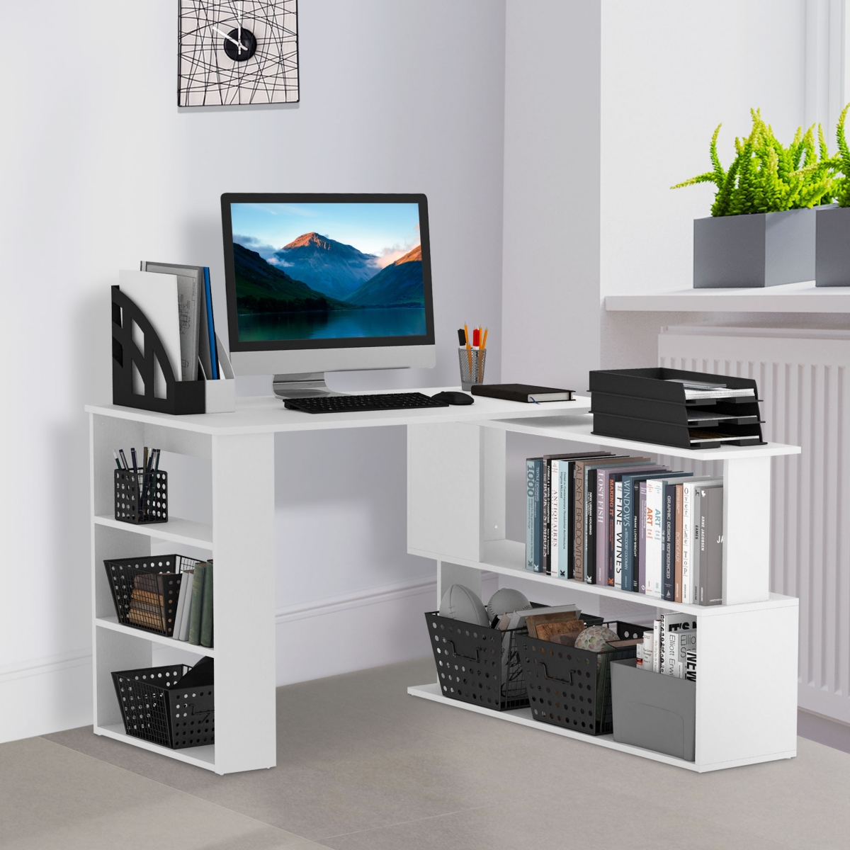 Homcom 360° Rotating Home Office Corner Desk and Storage Shelf Combo L-Shaped Table