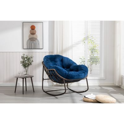 Navy Blue Outdoor Rattan Rocking Chair with Cushion