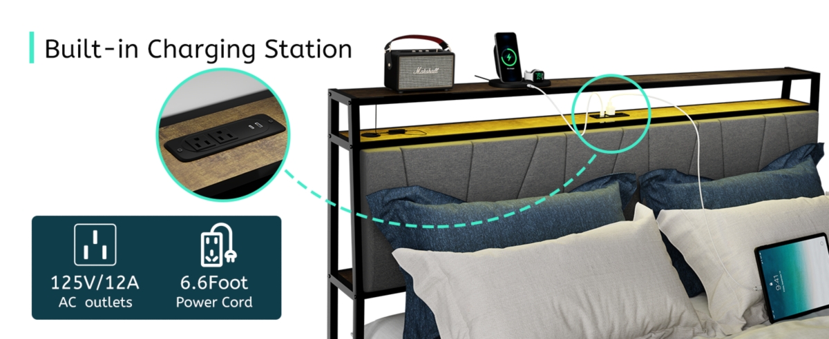 Streamdale Furniture Bed Frame with Storage, Ergonomic Headboard, Bed Frame with 2 Storage Drawers, Built in Charging Station & Led, Outlets & Us