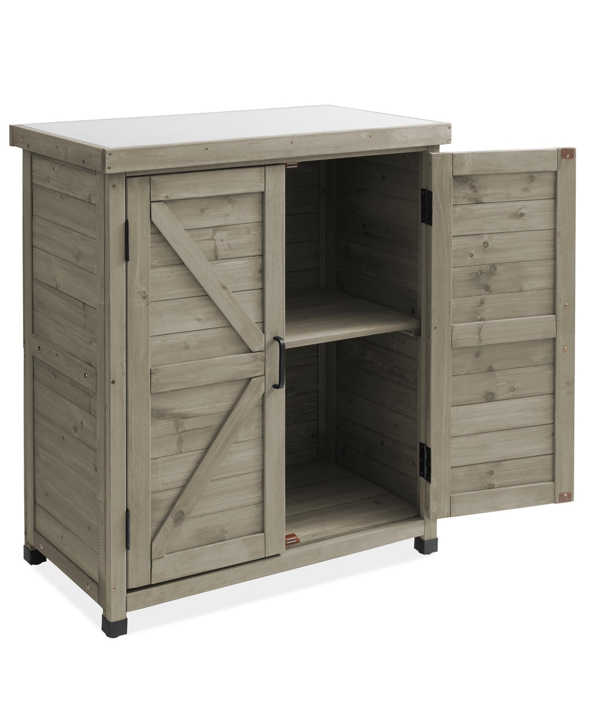 Outdoor Storage Cabinet and Potting Bench with Metal Tabletop and Storage Cabinet - Wooden Outdoor Garden Patio Workstation Table, Natural - Gray