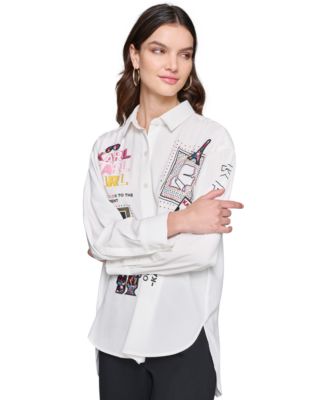 売れ筋商品|||カールラガーフェルド カットソー トップス レディース Women's Cotton Paris Scene Embellished Button-Front Top White KARL LAGERFELD PARIS Women's Cotton Paris Scene Embellished