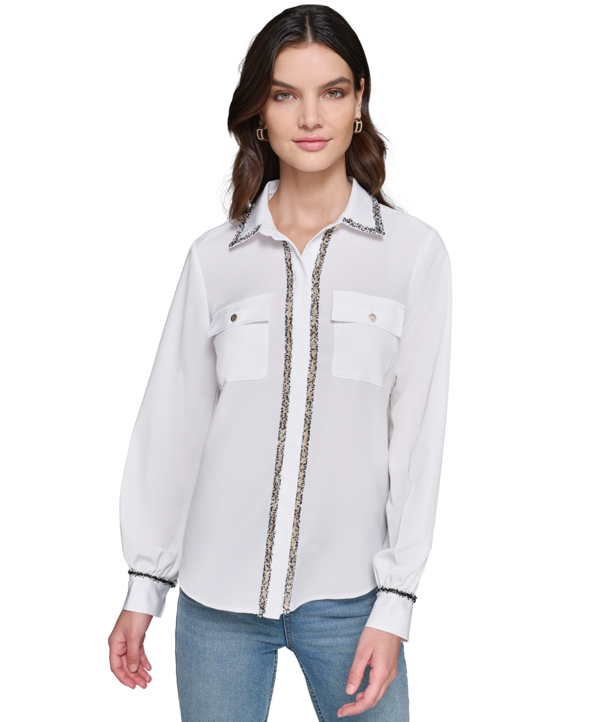 Women's Tweed-Trim Button-Front Top - Soft White