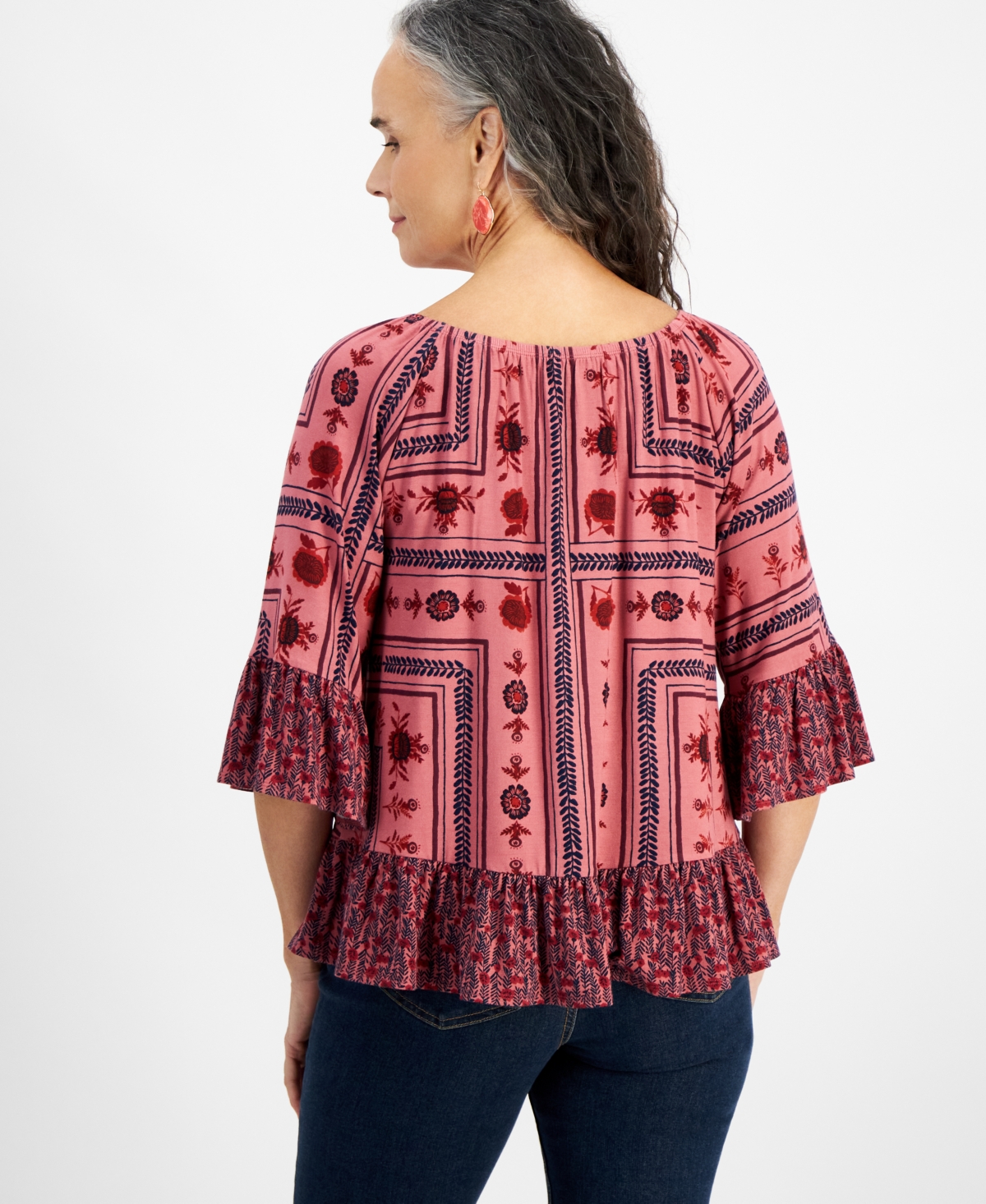 Style & Co Petite Printed On-Off Knit Top, Created for Macy's