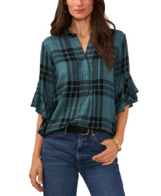 Vince Camuto - Women's Plaid Ruffle-Sleeve Henley Top