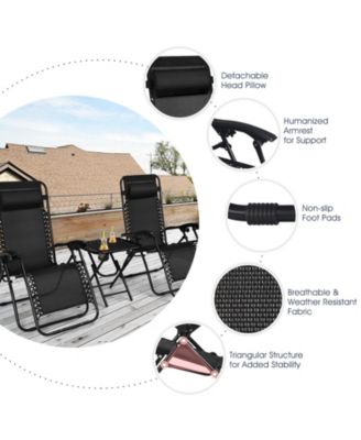 3 Pieces Folding Portable Zero Gravity Reclining Lounge Chairs Table Set