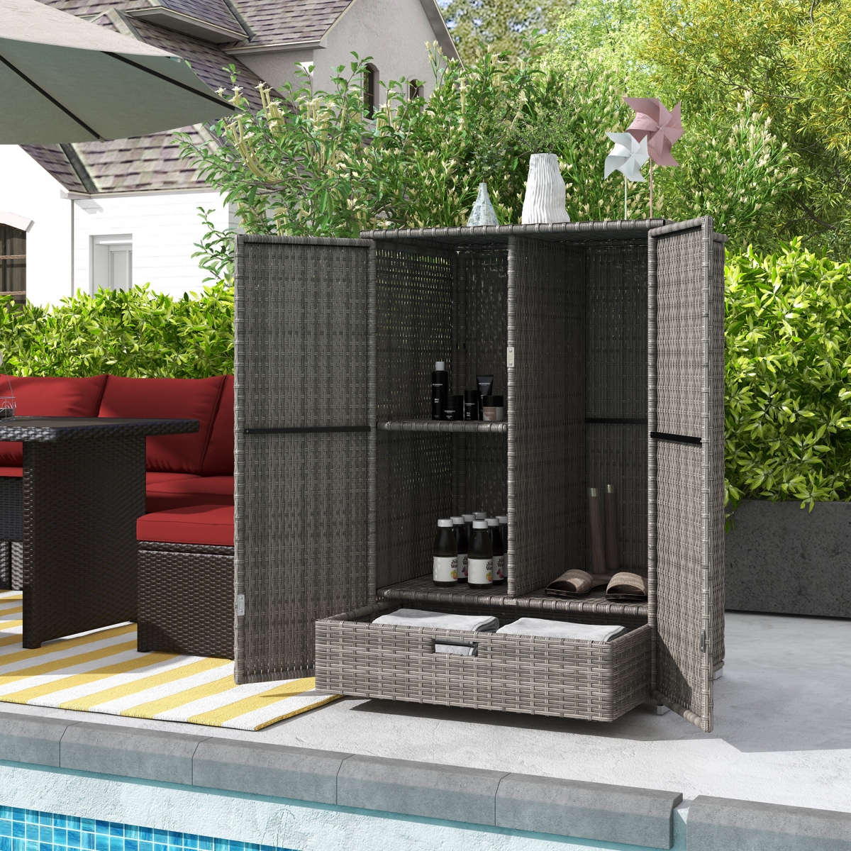 Outsunny Outdoor Wicker Towel Rack for Pool w/ Drawer & Cabinet, Dark