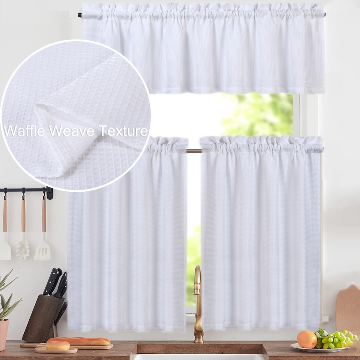 3Pc Waffle Weave Rod Pocket Kitchen Curtain Tier and Valance Set - Grey