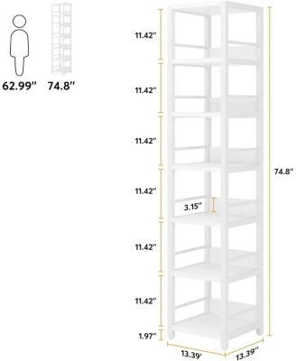 6-Tier Corner Shelf, 75 Inch Tall Narrow Bookshelf Storage Rack, Etagere Shelves Display Stand, Rustic Open Bookcase Square Shelf Tower