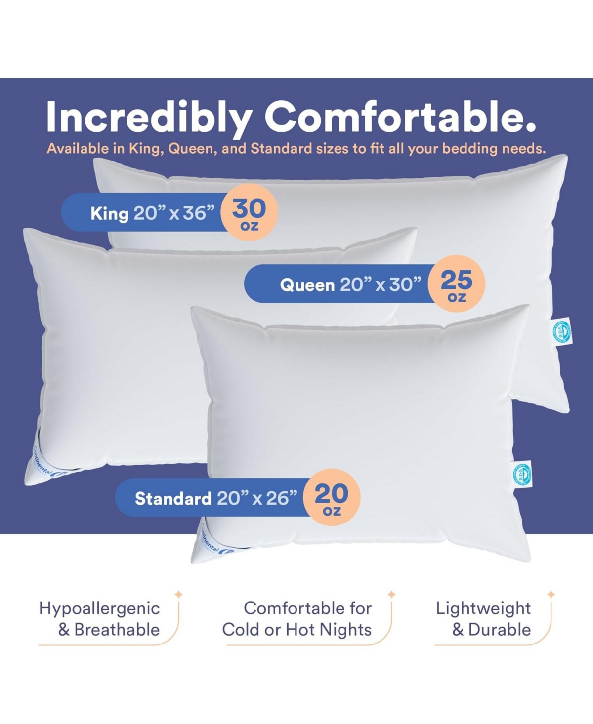 Continental Bedding Luxury Down Pillows Size Set of 2 - 550FP Soft