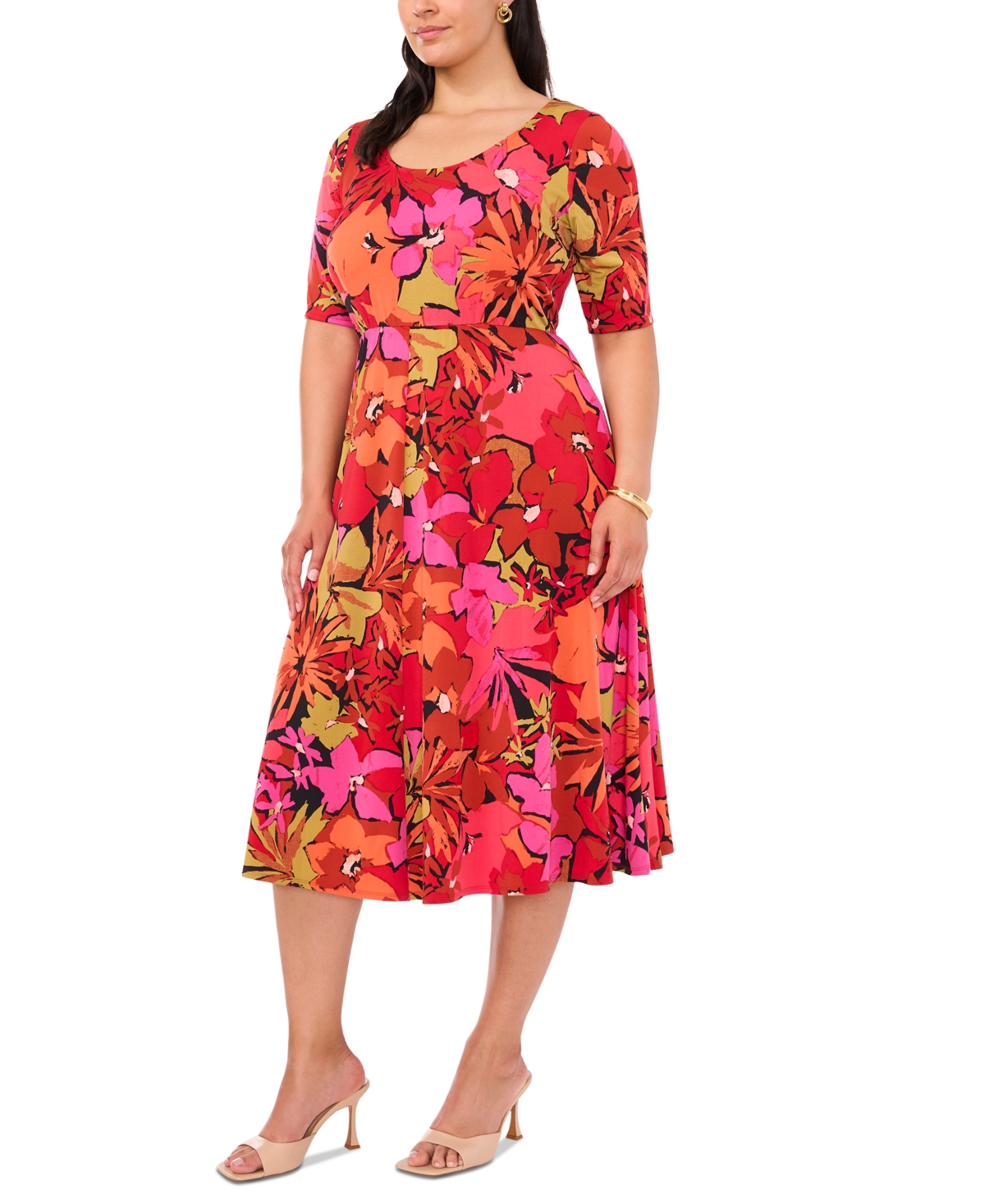 Msk Plus Size Printed Scoop-Neck Elbow-Sleeve Fit & Flare Dress - Black 001