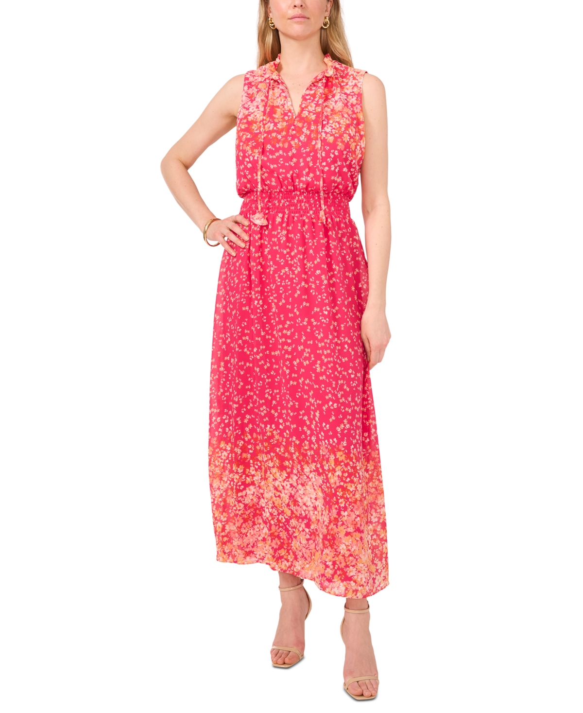 Petite Printed Tie-Neck Smocked-Waist Sleeveless Dress - Raspberry