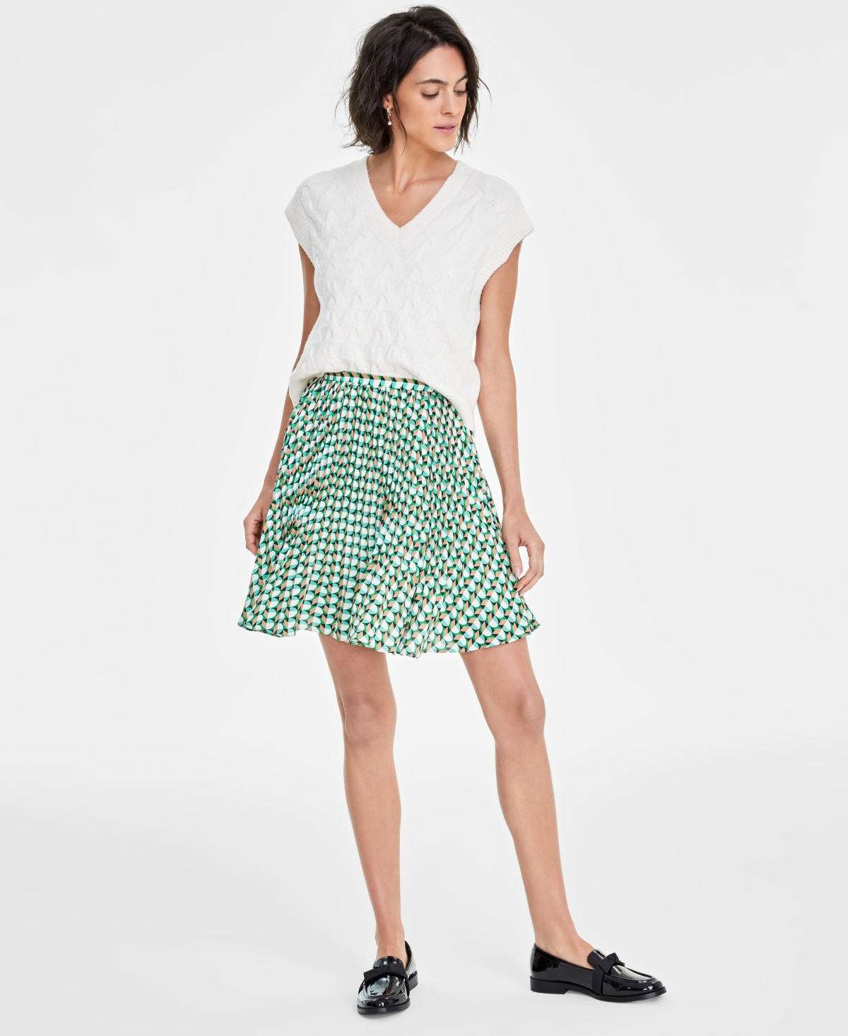 Women's Pleated Pull-On Mini Skirt, Created for Macy's - Catalina Green Combo