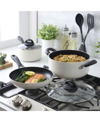 Clairorne 7 Piece Aluminum Premium Nonstick Pots and Pans Cookware Set W/ Induction & Bakelte Stay Cool Handle - White W/ Speckle