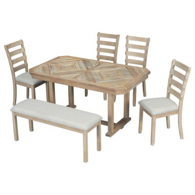 6-Pc. Rubberwood & MDF Geometric Pattern Dining Table Set