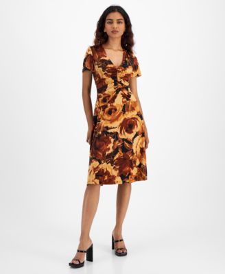 Connected - Petite Printed Ruched Sheath Dress