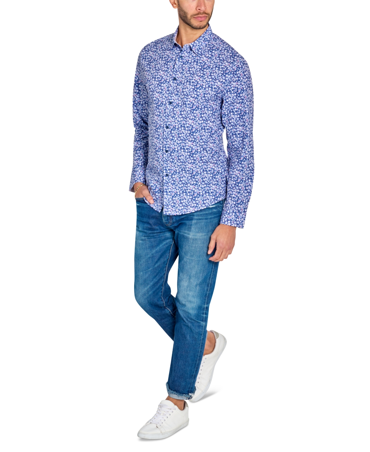 Brooklyn Brigade Men's Non-Iron Performance Stretch Moisture-Wicking Mini-Floral Button-Down Shirt -blue