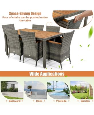 7PCS Outdoor Dining Set Patio Acacia Wood and Rattan Furniture Set w/ Cushions