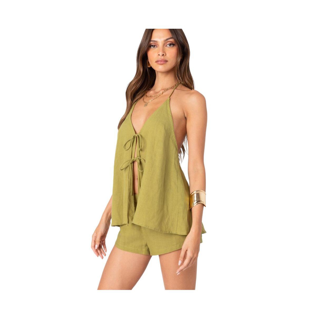 Edikted Women's Arden Linen Look Tie Front Top