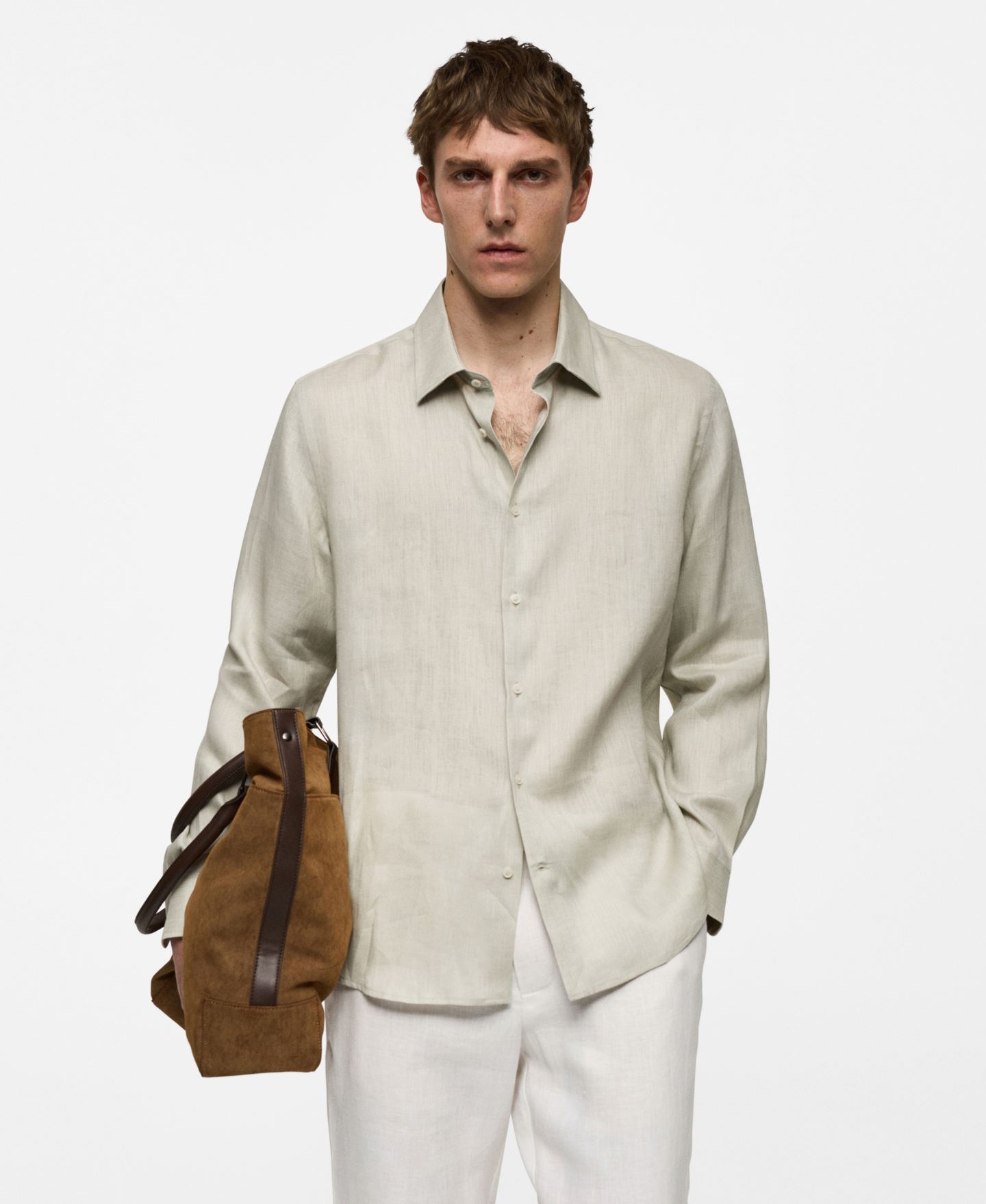 Мужская рубашка Mango Linen, цвет: Аквамариновый зелёный — фото 1