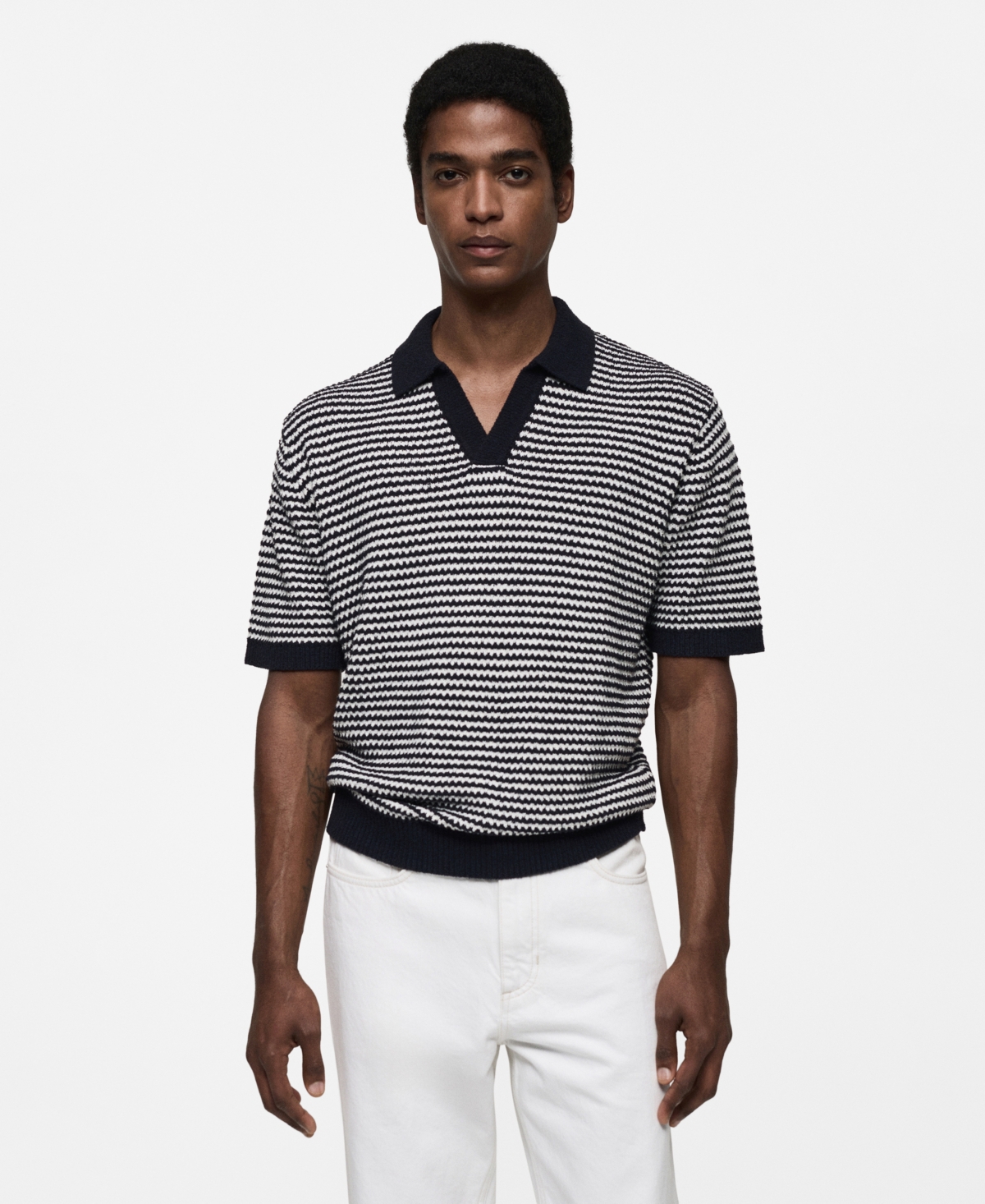 Men's Contrast Collar Striped Knit Polo Shirt - Dark Navy