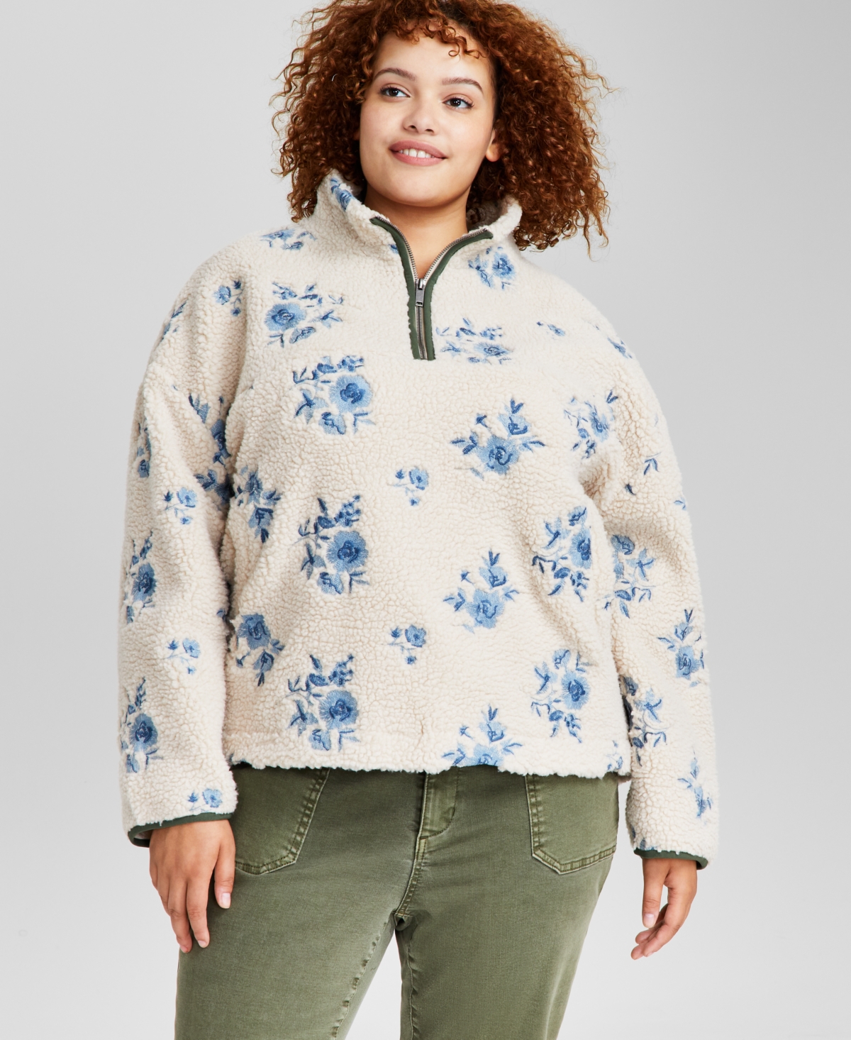 Trendy Plus Size Floral-Embroidered Fleece Pullover, Created for Macy's - Cream/Blue Floral
