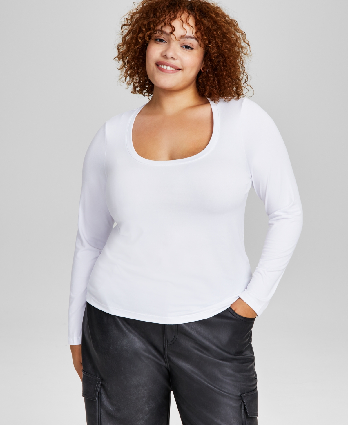 Trendy Plus Size Scoop-Neck Long-Sleeve Jersey Top, Created for Macy's - White