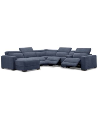 Nevio 6-Pc. Fabric Power Headrest Sectional with Chaise & Console and 3 Power Motion Chairs