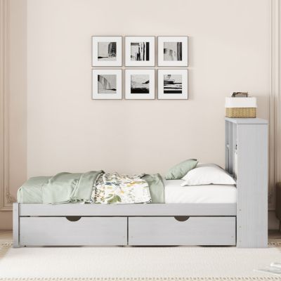 Modern Twin Bed Frame with USB, Headboard Bookcase & Drawers