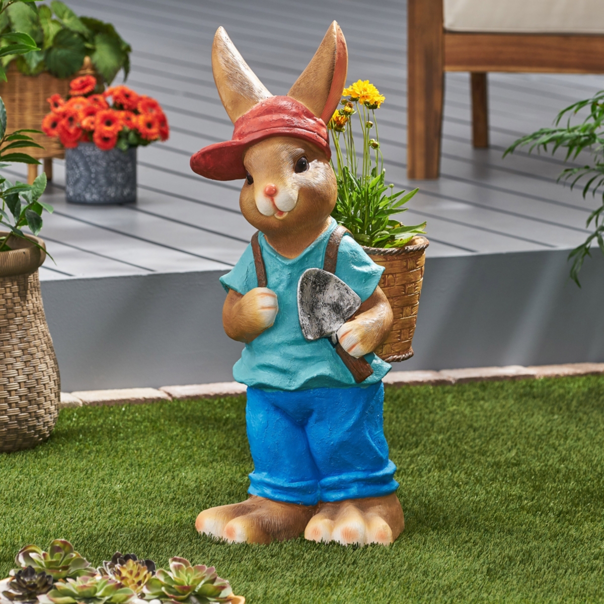 Streamdale Furniture Cast Stone Rabbit Planter Liven up Your Outdoor Oasis - Blue+brown