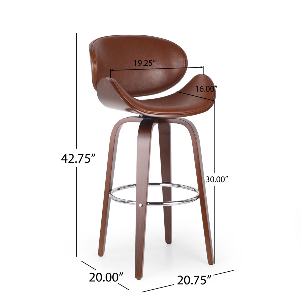Streamdale Furniture Mid-Century Modern Barstool with Bentwood Frame and Faux Leather Upholstery
