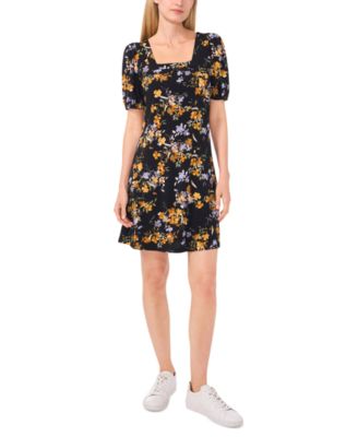 CeCe - Women's Floral Puff-Sleeve Square-Neck Knit Dress