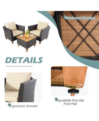 3PCS Patio Furniture Set Conversation Bistro Set w/ Acacia Wood & Cushions Beige